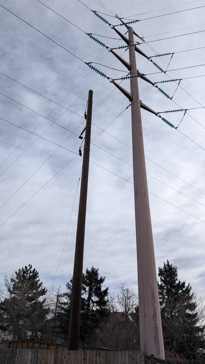 Steel transmission pole with insulators beside a wood distribution pole